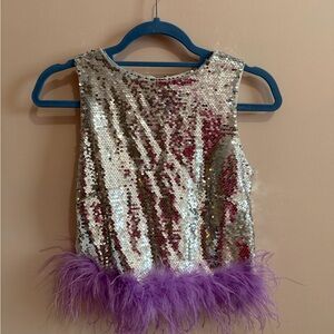 Lucy Paris Silver Sequin Top with Purple Feather Trim